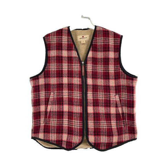 Woolrich Mens Plaid Wool Blend Zip-Up Vest With Pockets Size L Red & Beige - Picture 1 of 14